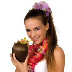 Kokosnusstasse mit Strohhalm und Hawaiiblüte